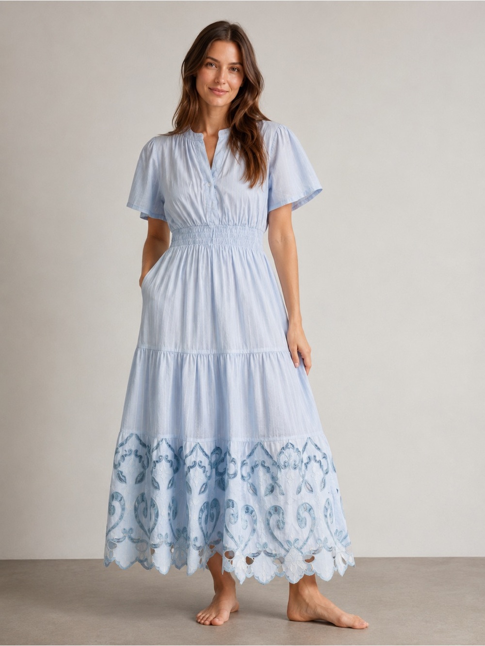 New Haute Hippie Light Blue Tribe Cotton V Neck Eyelet Tiered Maxi Dress Sz S